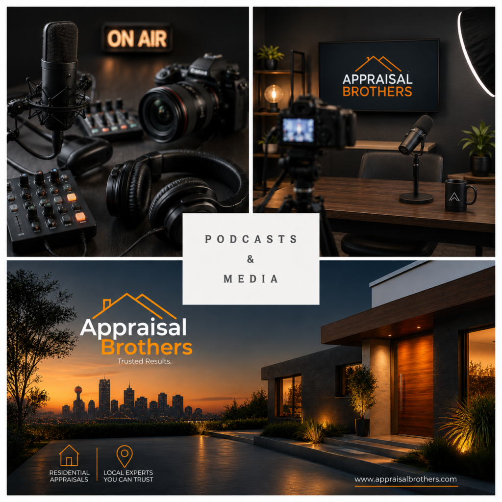 Appraisal Brothers podcast and media feature image with studio equipment, on-air recording setup, and residential appraisal branding