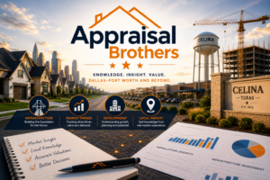 Appraisal Brothers graphic showing Celina growth, infrastructure, development, and North Texas real estate market insight.